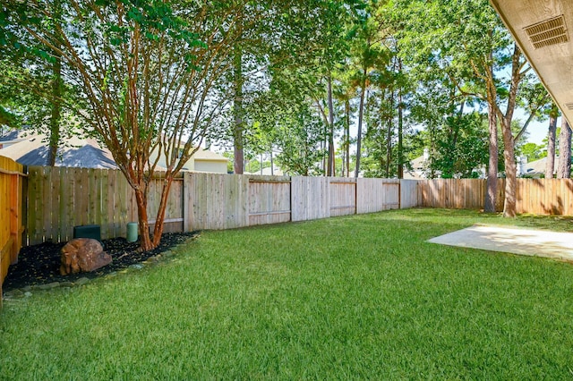 view of yard with a fenced backyard and a patio area