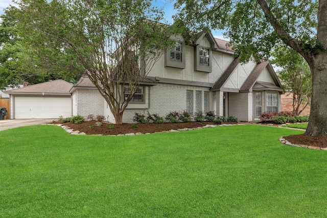 traditional-style house with stucco siding, brick siding, driveway, and a front lawn