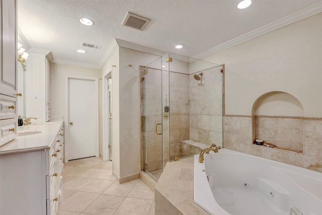 full bathroom featuring tile patterned flooring, vanity, a tub with jets, ornamental molding, and a stall shower