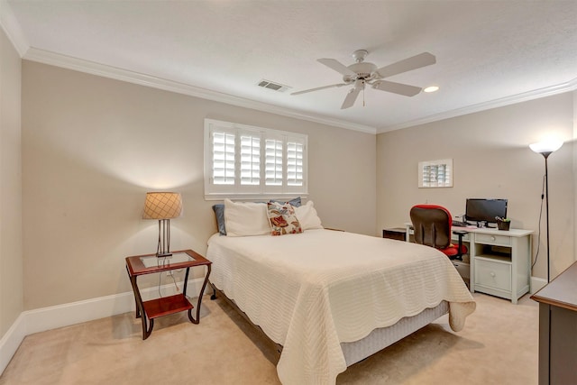 bedroom with visible vents, baseboards, crown molding, and light carpet