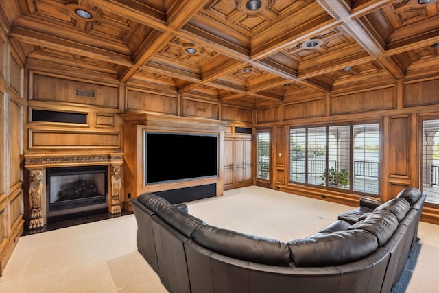 carpeted living room featuring crown molding, wooden ceiling, beamed ceiling, and coffered ceiling