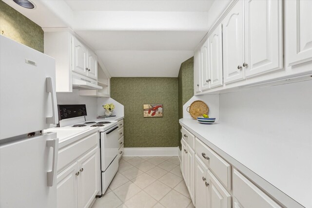 kitchen with light countertops, white cabinets, under cabinet range hood, white appliances, and light tile patterned flooring