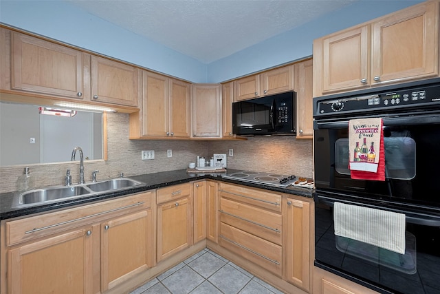 772 Thicket Ln, Houston, TX 77079 - kitchen featuring backsplash, light brown cabinetry, a sink, black appliances, and light tile patterned flooring
