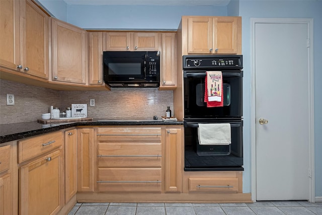 772 Thicket Ln, Houston, TX 77079 - kitchen featuring light tile patterned floors, light brown cabinets, backsplash, and black appliances