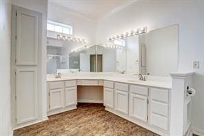 bathroom featuring double vanity, ornamental molding, and a sink