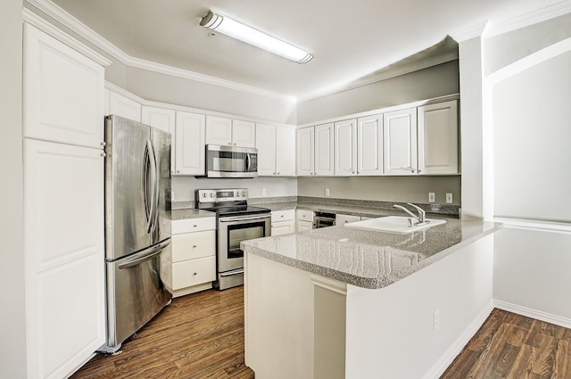kitchen featuring a peninsula, dark wood-style floors, white cabinetry, a sink, and stainless steel appliances