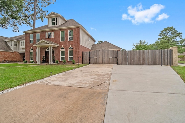 view of front of house with brick siding, fence, a gate, and a front lawn