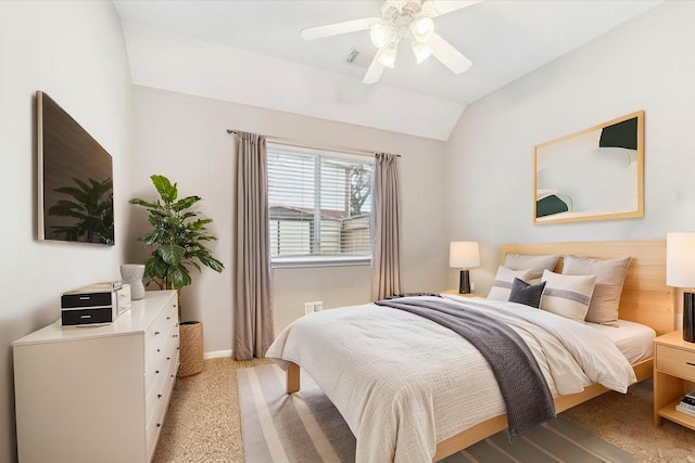 1519 Brookstone Ln, Sugar Land, TX 77479 - bedroom featuring light colored carpet, vaulted ceiling, baseboards, and ceiling fan