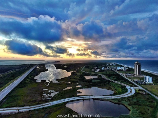 drone / aerial view with a water view