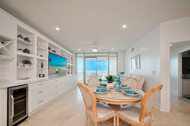 dining room featuring beverage cooler, a ceiling fan, recessed lighting, light tile patterned floors, and visible vents