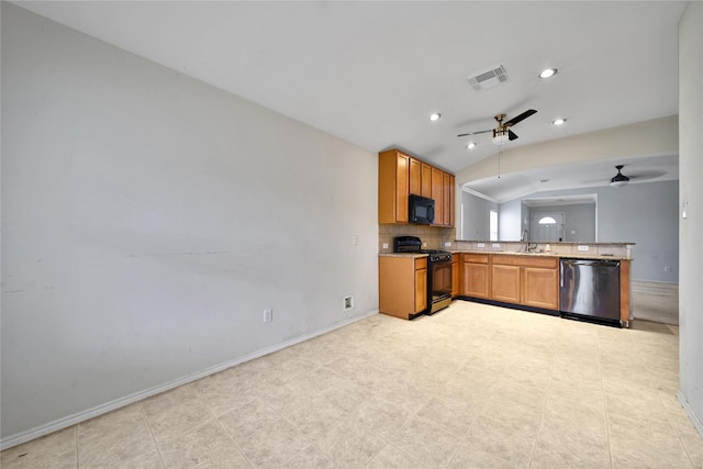 kitchen with a sink, a ceiling fan, lofted ceiling, visible vents, and black appliances