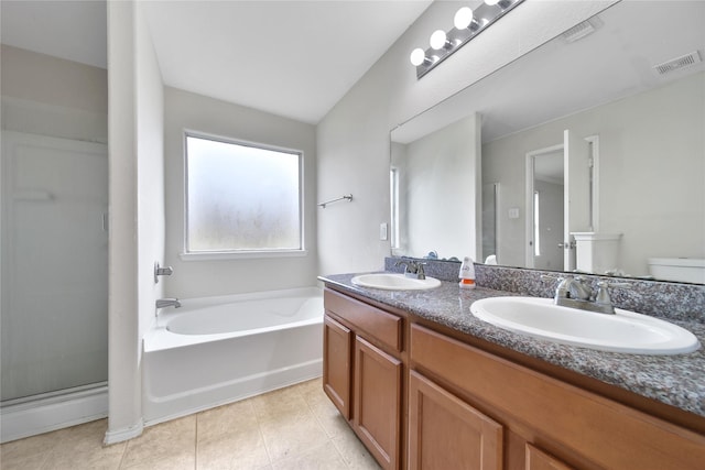 full bath with visible vents, a sink, a bath, and a stall shower