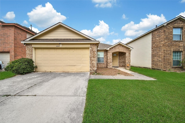 ranch-style house featuring brick siding, an attached garage, driveway, and a front yard