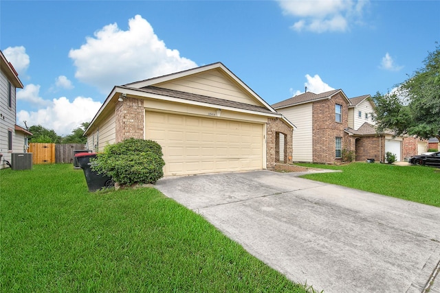 view of front of home featuring concrete driveway, brick siding, central AC unit, and a front lawn