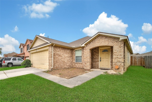 single story home with driveway, fence, a front lawn, an attached garage, and a shingled roof