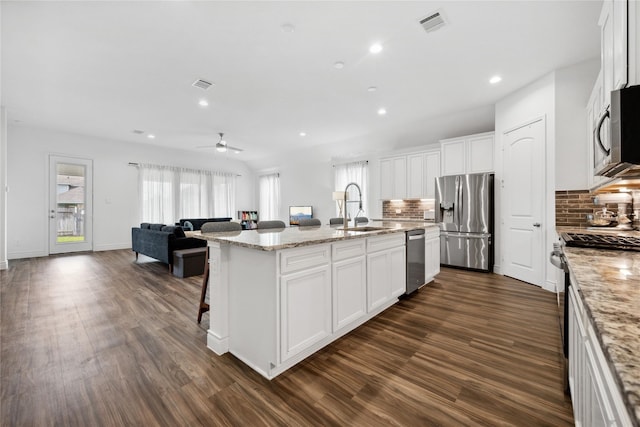 kitchen featuring a sink, stainless steel appliances, open floor plan, and dark wood-type flooring