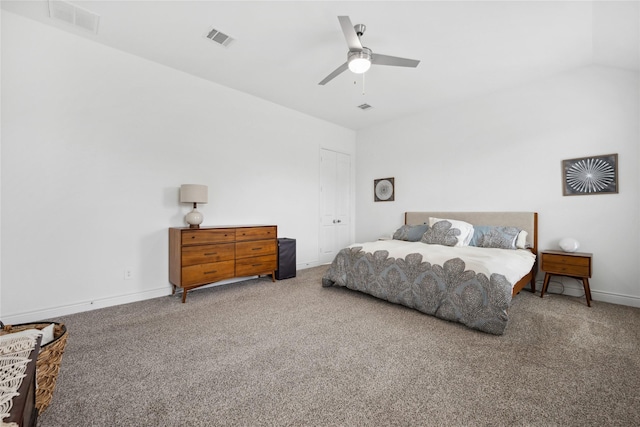 carpeted bedroom featuring visible vents, a ceiling fan, and baseboards