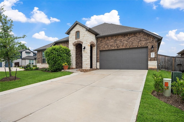 french country inspired facade with driveway, roof with shingles, a garage, fence, and a front lawn
