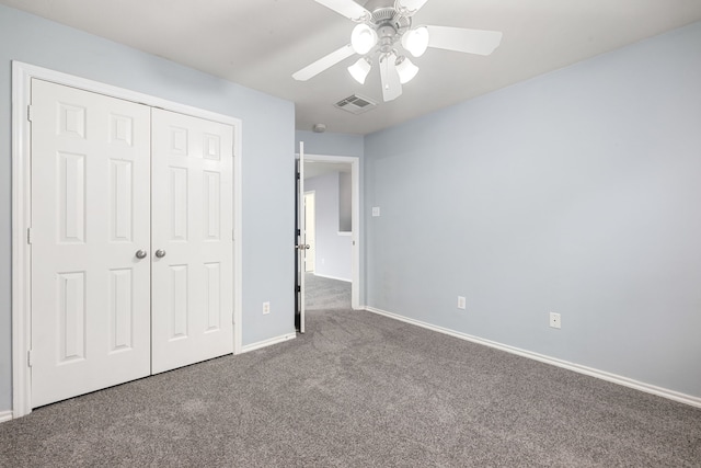 1811 Salt Valley Dr, Katy, TX 77493 - unfurnished bedroom featuring ceiling fan, visible vents, baseboards, a closet, and carpet
