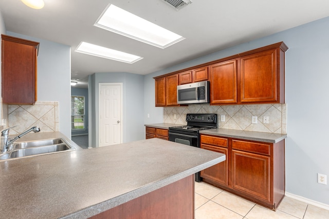 1811 Salt Valley Dr, Katy, TX 77493 - kitchen featuring a sink, black electric range oven, a peninsula, stainless steel microwave, and backsplash