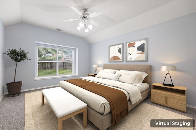1811 Salt Valley Dr, Katy, TX 77493 - bedroom with visible vents, lofted ceiling, baseboards, light colored carpet, and a ceiling fan