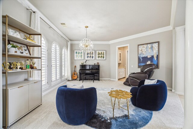 living room with light colored carpet, visible vents, baseboards, a chandelier, and ornamental molding