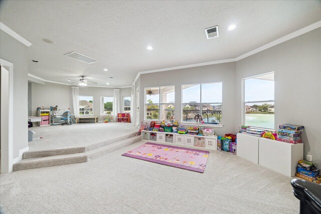 rec room featuring visible vents, recessed lighting, and carpet floors
