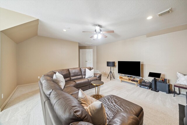 living room featuring ceiling fan, carpet floors, recessed lighting, baseboards, and visible vents
