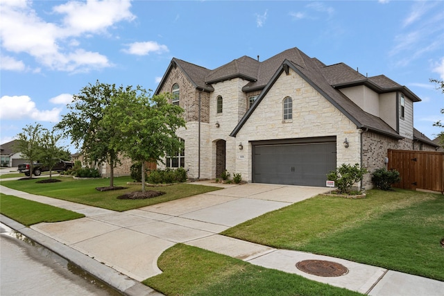 french country inspired facade with fence, roof with shingles, stone siding, a garage, and concrete driveway