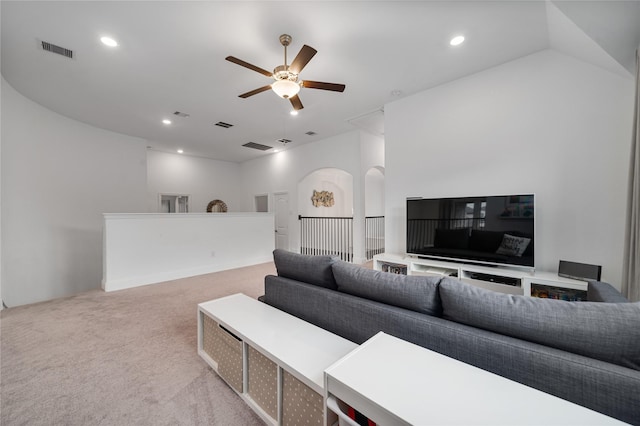 living room featuring a ceiling fan, visible vents, recessed lighting, and carpet