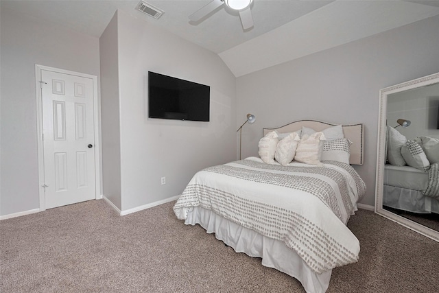 carpeted bedroom with a ceiling fan, baseboards, visible vents, and lofted ceiling