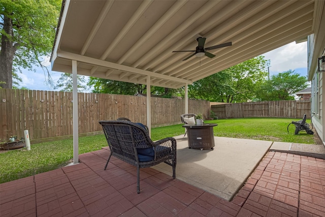 view of patio / terrace featuring ceiling fan and a fenced backyard