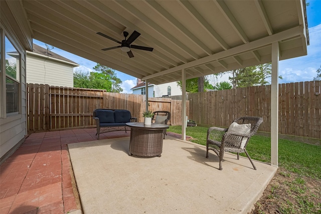 view of patio / terrace with ceiling fan, outdoor lounge area, and a fenced backyard