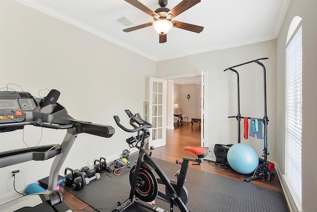 14010 Lakewood Crossing Blvd, Houston, TX 77070 - exercise room featuring crown molding, visible vents, wood finished floors, french doors, and a ceiling fan