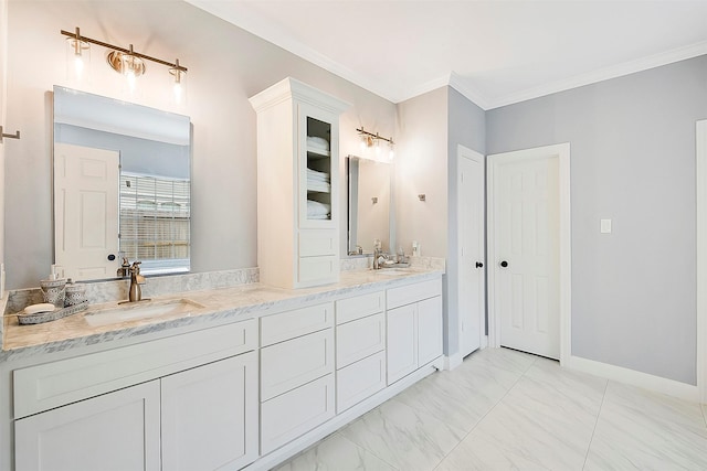 14010 Lakewood Crossing Blvd, Houston, TX 77070 - bathroom featuring double vanity, a sink, marble finish floor, and ornamental molding