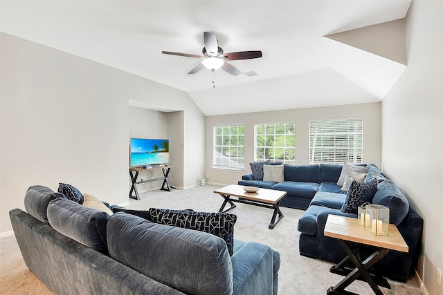 14010 Lakewood Crossing Blvd, Houston, TX 77070 - living room featuring ceiling fan, visible vents, baseboards, lofted ceiling, and light carpet