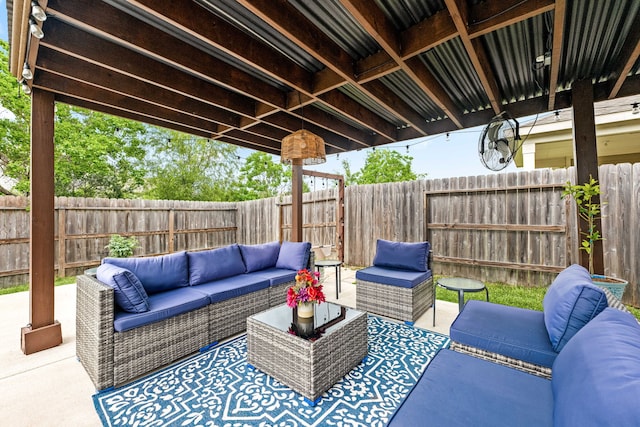 view of patio / terrace featuring a fenced backyard and outdoor lounge area