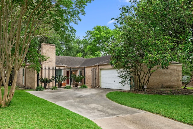 view of front facade with a front lawn, a chimney, brick siding, an attached garage, and driveway