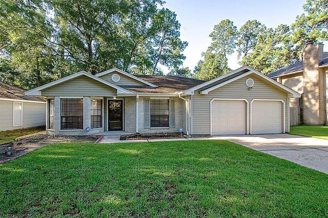 single story home with an attached garage, a front lawn, driveway, and brick siding