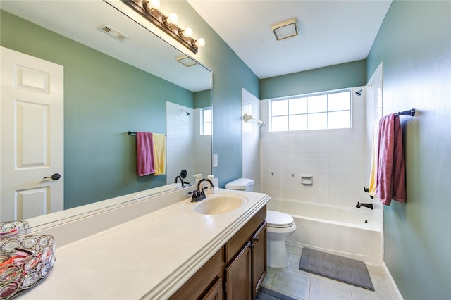 full bathroom featuring tile patterned flooring, vanity, toilet, shower / bathing tub combination, and visible vents