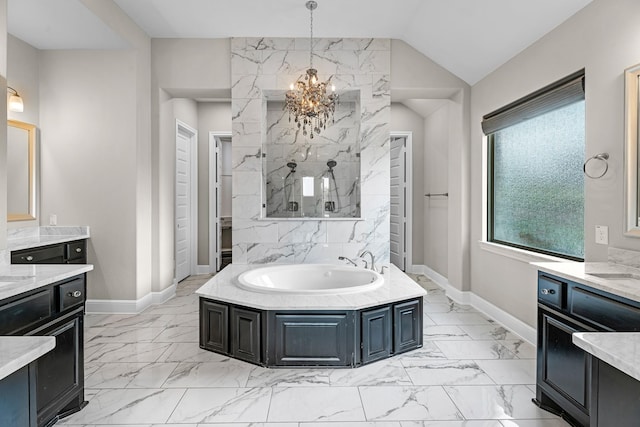 bathroom with marble finish floor, baseboards, walk in shower, a bath, and a notable chandelier