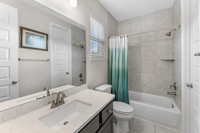 full bathroom with vanity, tile patterned flooring, toilet, and shower / tub combo with curtain