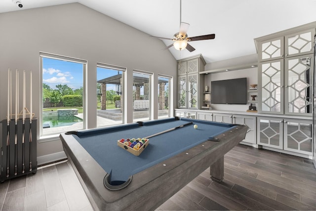 playroom featuring billiards, a ceiling fan, dark wood-style flooring, and high vaulted ceiling