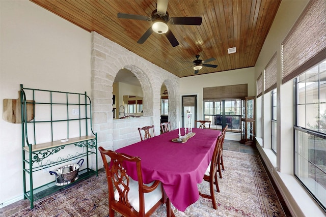 7576 River Ridge Drive, College Station, TX 77845 - dining area featuring wood ceiling, a ceiling fan, and visible vents