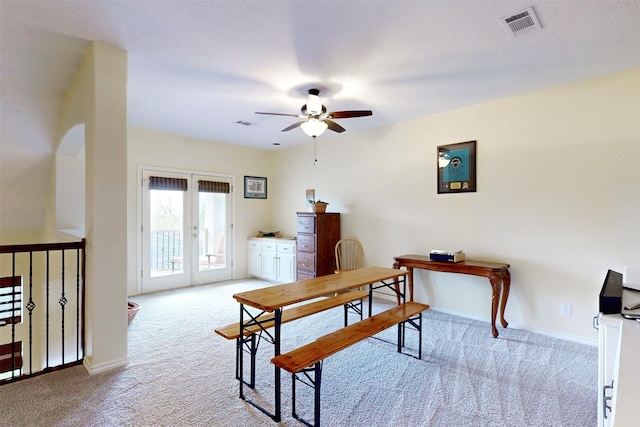7576 River Ridge Drive, College Station, TX 77845 - home office featuring baseboards, carpet flooring, a ceiling fan, and french doors