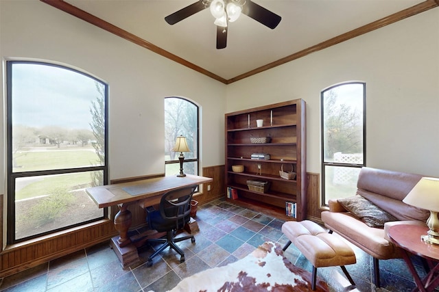 7576 River Ridge Drive, College Station, TX 77845 - home office featuring stone tile floors, a ceiling fan, crown molding, and a healthy amount of sunlight
