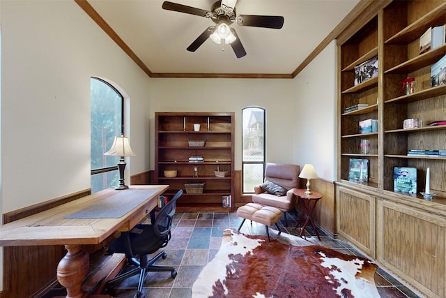 7576 River Ridge Drive, College Station, TX 77845 - office space featuring crown molding, a wainscoted wall, a ceiling fan, and wooden walls
