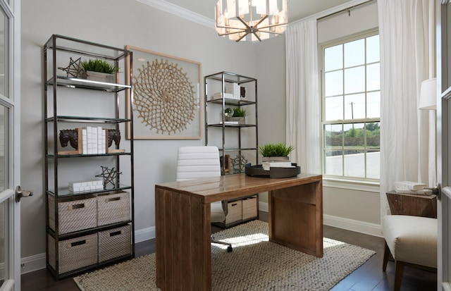 home office featuring crown molding, baseboards, dark wood-style flooring, and a notable chandelier