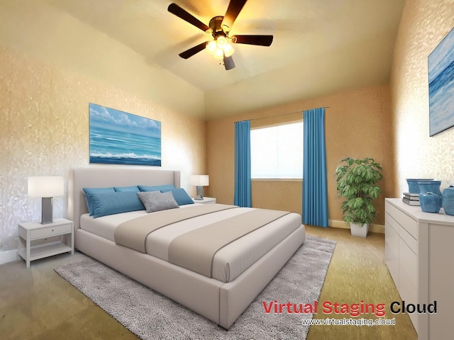 bedroom featuring vaulted ceiling, ceiling fan, light carpet, a textured wall, and baseboards