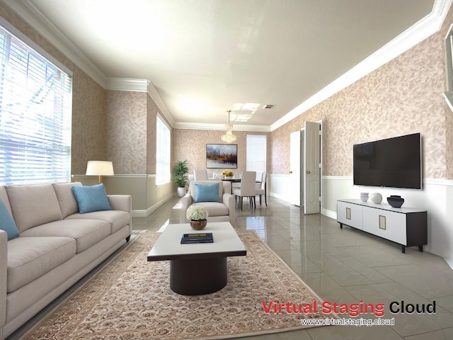 living area featuring ornamental molding, baseboards, a wainscoted wall, and wallpapered walls